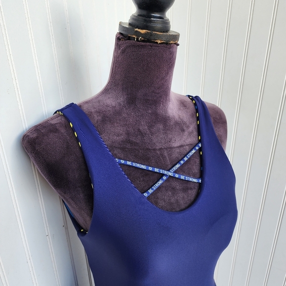 NWOT One Piece Swimsuit Navy Yellow Geo Scoop Neck Strappy Straps Lined Cups M - Picture 8 of 15